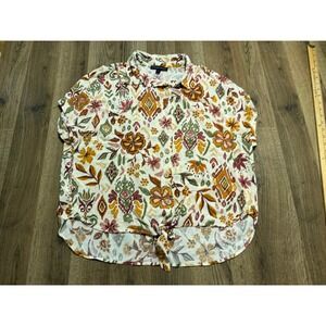 Meg & Margot Shirt Womens 1X Multicolor Button Up Tie Front Floral Ikat Rayon